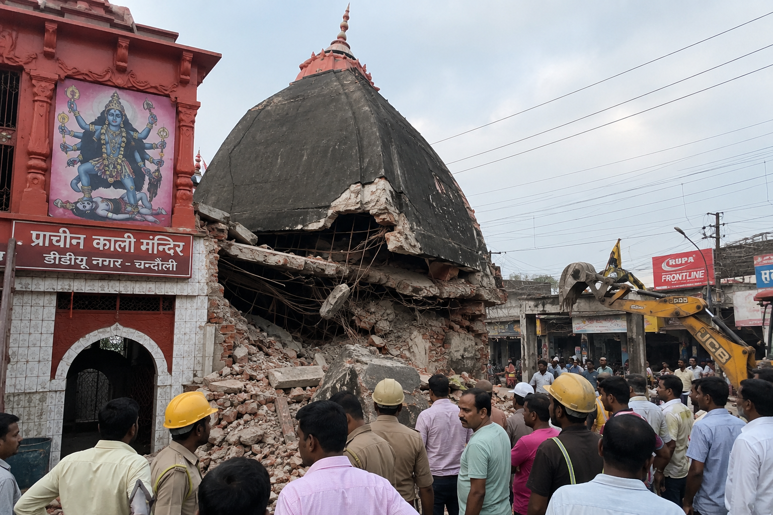 डीडीयू नगर में काली मंदिर ध्वस्तीकरण के दौरान बड़ा हादसा, गुंबद गिरने से PWD कर्मचारी की मौत।अब तक सामने आई जानकारी के अनुसार इस हादसे में 1 व्यक्ति की मौत हुई है। मृतक लोक निर्माण विभाग (PWD) के कर्मचारी बलदेव यादव (59 वर्ष) बताए गए हैं। इसके अलावा 1 स्थानीय व्यक्ति गंभीर रूप से घायल हुआ है।